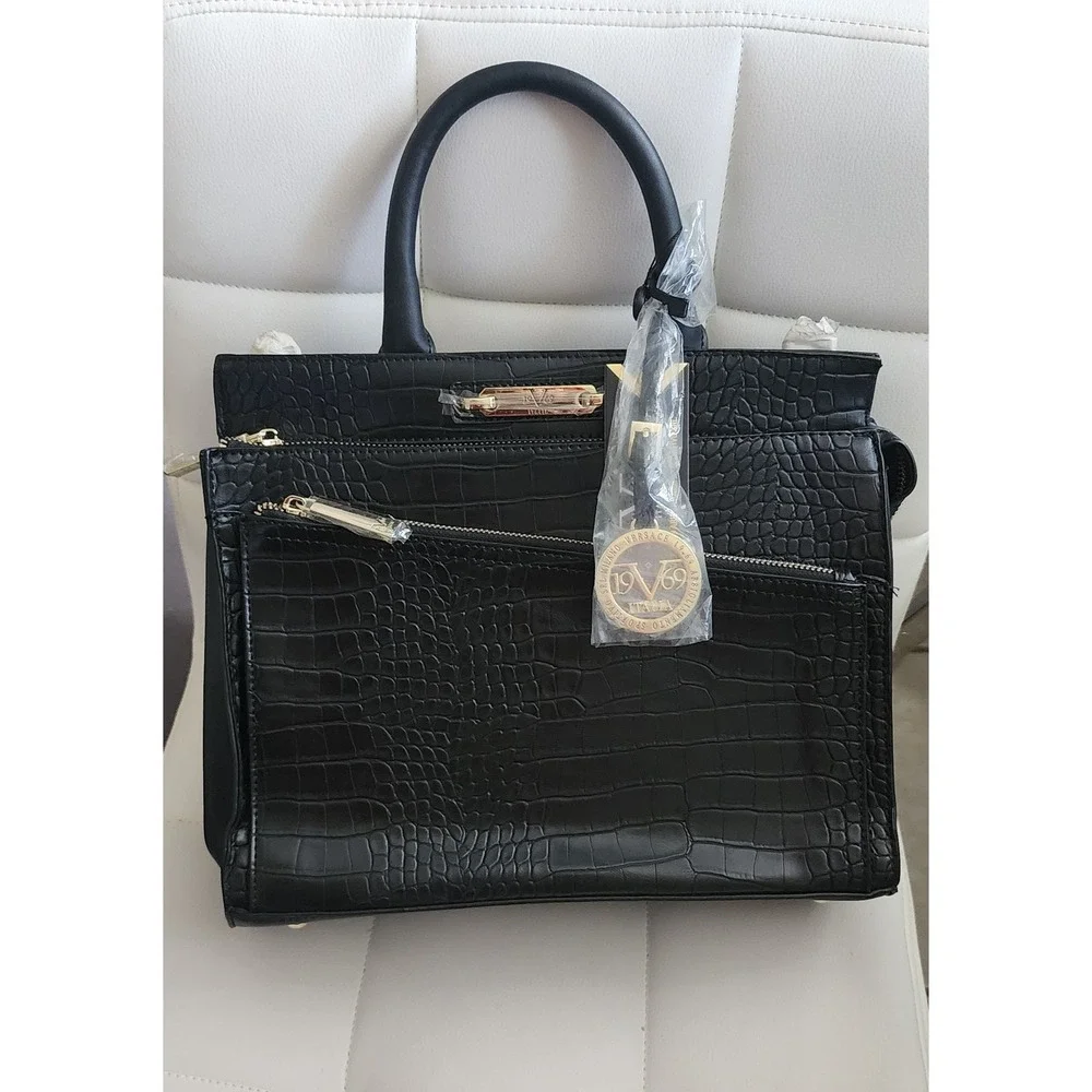 Versace 19.69 Italia Alessandro Versace Black Croc Embossed Satchel Handbag